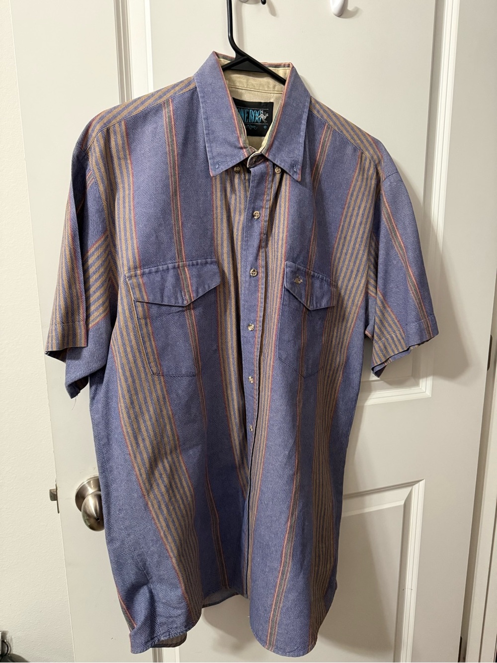 Roper Men's Short Sleeve Button-Down Shirt in Blue with Tan Stripes